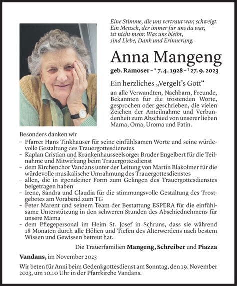 Todesanzeigen Von Anna Mangeng Todesanzeigen Vorarlberger Nachrichten