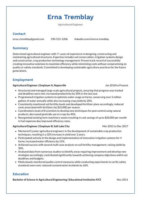 Agricultural Engineer Resume (CV) Example and Writing Guide