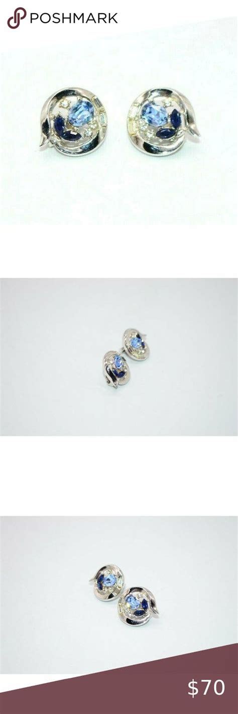 Crown Trifari Patent Pending Clear Blue Rhinestone Red Stone Earrings