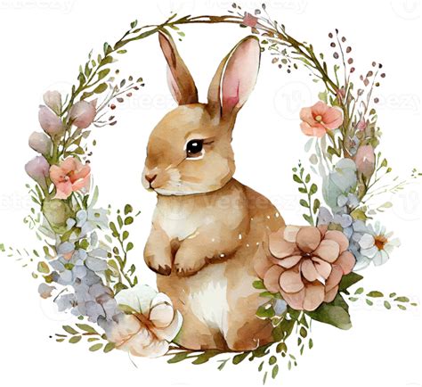 Easter Bunny With Flowers Watercolor Illustration Png