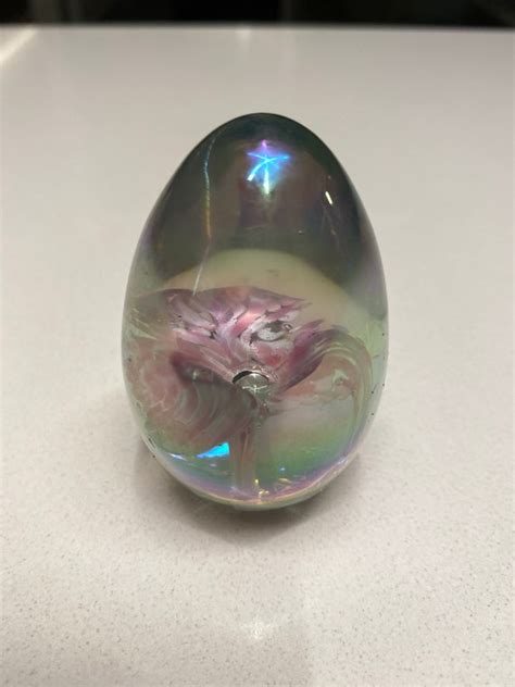 Iridescent Glass Egg Paperweight With Pink And White Spotted Etsy