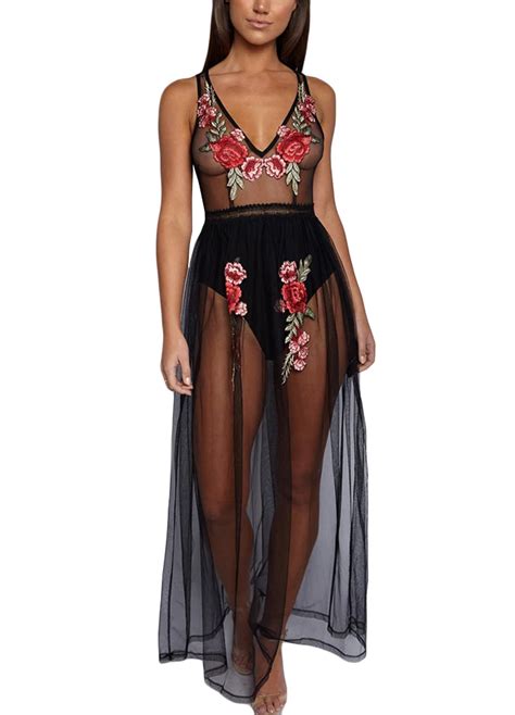 Sexy Women Sheer Mesh Long Dress Floral Embroidery V Neck Backless