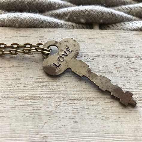 Love Key Necklace Vintage Repurposed Key Necklace Hand Stamped