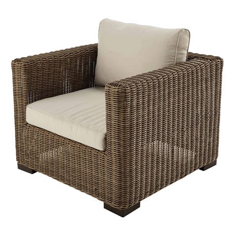 Fauteuil de jardin en résine tressée et tissu beige sable Fidji