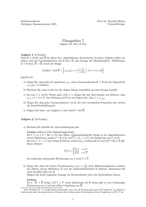 Ft Blatt Sommersemester Funktionentheorie Prof Dr Dorothea