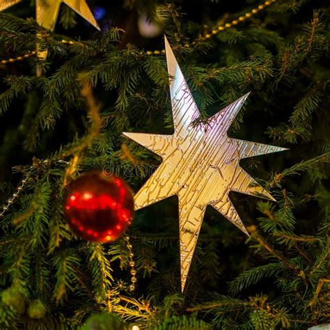 Christmas Tree With Decorations Christmas Star Balls Selective Focus