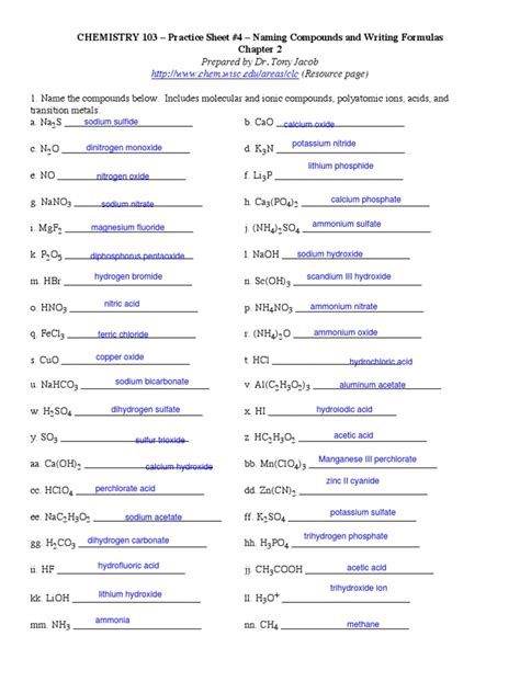 Chemistry 103 Practice Sheet 4 Naming Compounds And Writing Worksheets Library