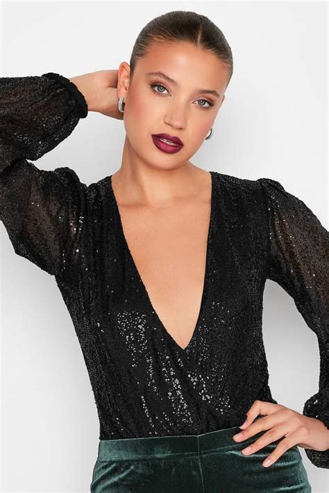 LTS Tall Women S Black Sequin Embellished Bodysuit Long Tall Sally