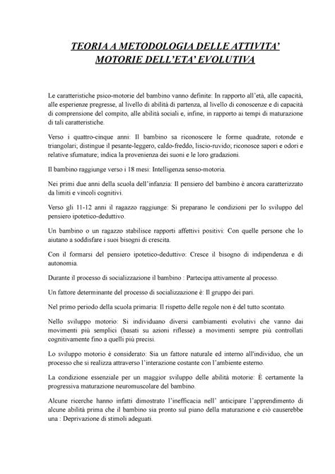 Teoria e metodologia delle attività motorie dell età evolutiva TEORIA