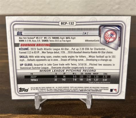 Bowman Chrome Sapphire Edition Luis Gil Bcp New York Yankees