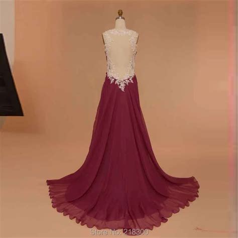 Burgundy Backless Chiffon Prom Dresses With White Lace Open Back