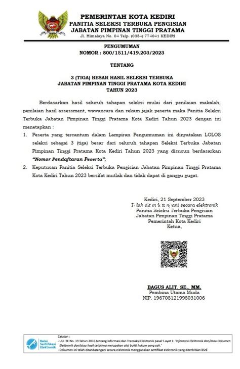 Pengumuman Tentang Besar Hasil Seleksi Terbuka Jptp Kota Kediri Tahun