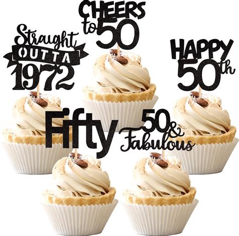 30pcs Black 50th Birthday Cupcake Toppers Glitter Fifty