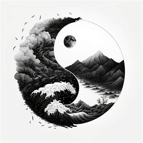 Yin Yang Design Avec Montagnes Et Mer Ou Océan Concept De Dualité