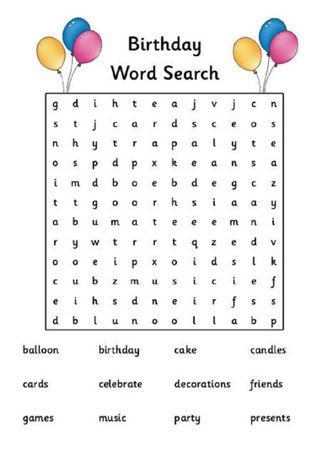 Printable Birthday Word Search Puzzles