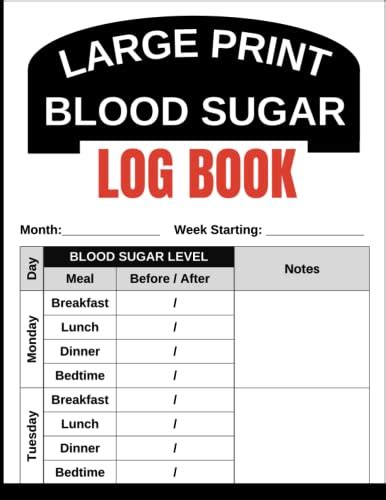 Large Print Blood Sugar Log Book Blood Sugar Logbook Diabetes Tracker