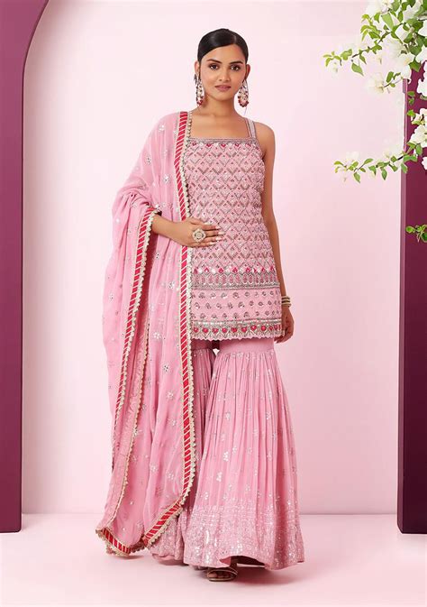 Buy Women Dull Pink Sharara Set With Mirror Embellished Kurta And