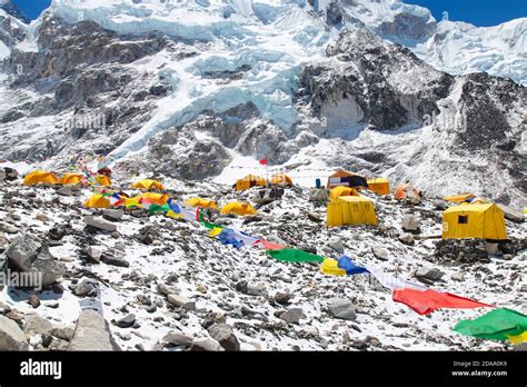 Bright Yellow Tents In Mount Everest Base Camp Khumbu Glacier And