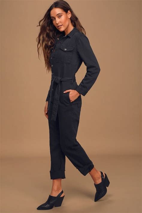 Lulus The Guy Black Denim Long Sleeve Utility Jumpsuit