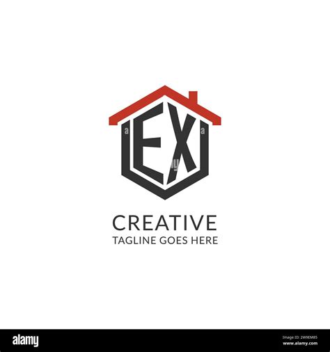 Initial Logo Ex Monogram With Home Roof Hexagon Shape Design Simple