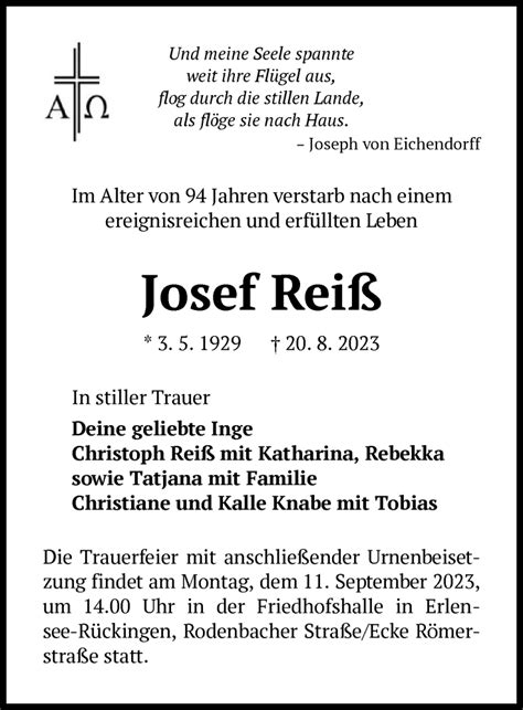 Traueranzeigen von Josef Reiß trauer op online de