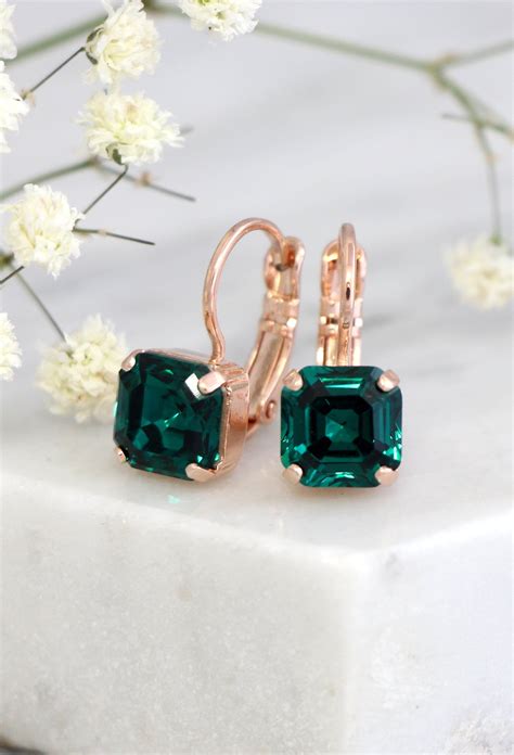 Emerald Earrings Drop, Green Earrings, Rose Gold Earrings, Gold Plated Earrings, Bridal Earrings ...