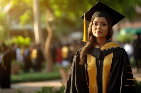 La Graduada Viste Una Bata Negra Y Una Borla Amarilla Esperando Para