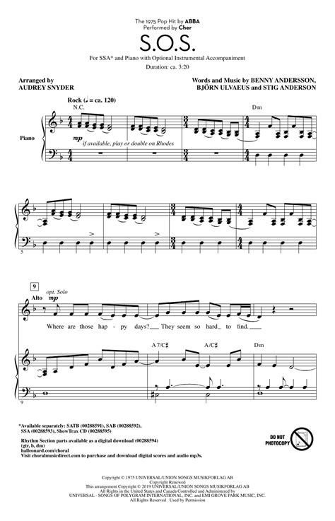 S O S Arr Audrey Snyder By Cher Sheet Music For Ssa Choir At Sheet Music Direct