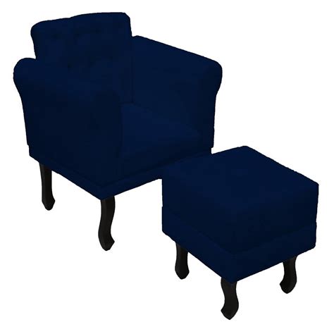 Conjunto Poltrona E Puff Decorativo Classic Suede Azul Marinho Dl