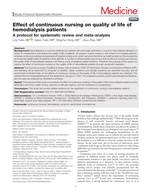 Pdf Effect Of Continuous Nursing On Quality Of Life Of Hemodialysis Patients A Protocol For