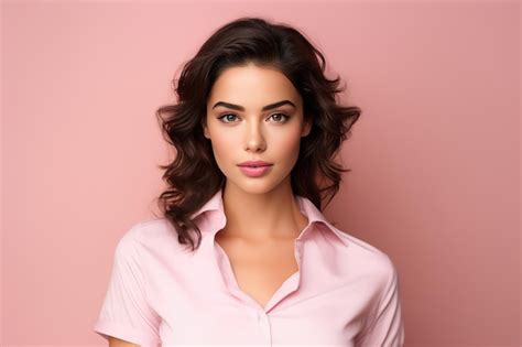 Premium Ai Image Beautiful Woman Brunette Wearing A Pink Shirt