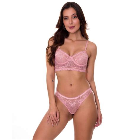 CONJUNTO DE LINGERIE EM RENDA TRANSPARENTE Referência VF13 Cor Rosê