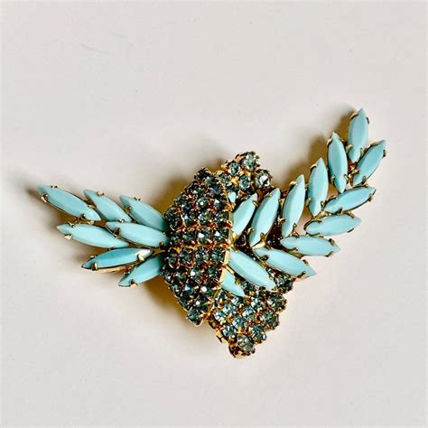 Aqua Blue Waterfall Rhinestone Brooch Vintage 1950s 1960s Gold Etsy