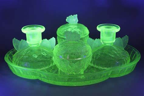 Lot RARE SOWERBY PRESSED URANIUM GLASS DRESSING TABLE SET CONSISTING