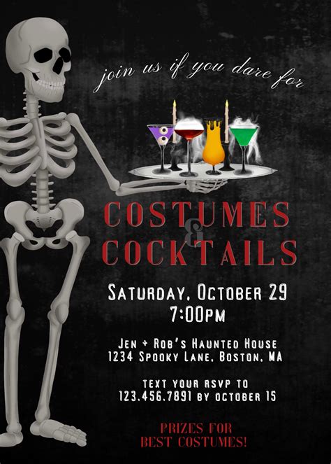 Editable Halloween Party Invitation Costumes And Cocktails Adult Halloween Party Skeleton