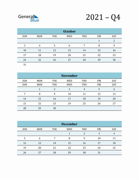 Blank Q4 Quarterly Calendar 2021 October November And December