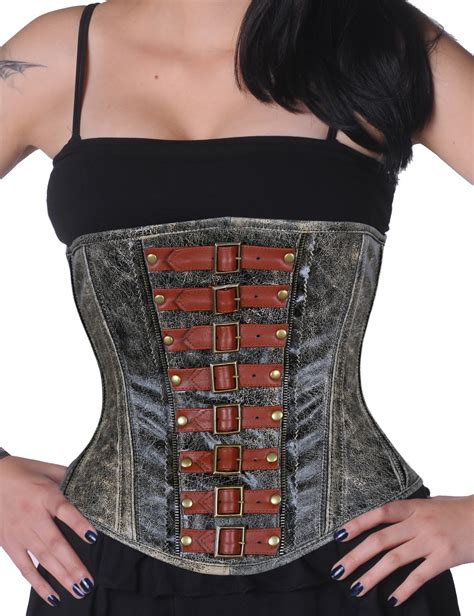 Unterbrust Corsage Grau Antik Leder Korsett Mit Schnallen Steampunk