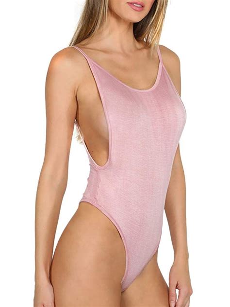 Didk Womens Spaghetti Strap Armhole Plain Backless Bodysuit Pink S