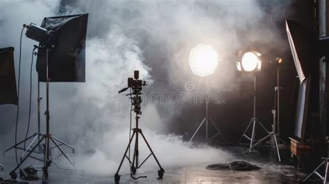 professional photography studio setup  lights  camera stock
