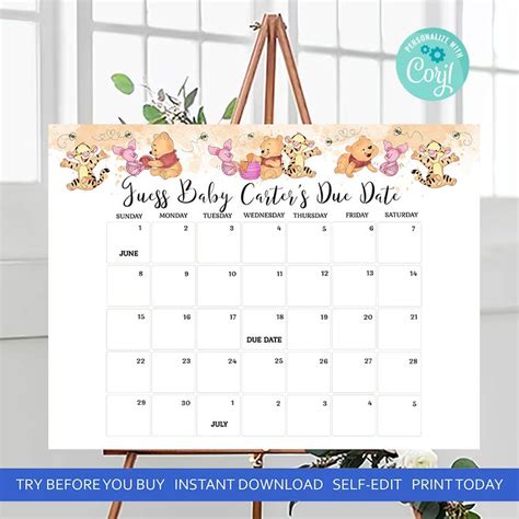 Winnie The Pooh Guess The Due Date Calendar Template Winnie Pooh It S A