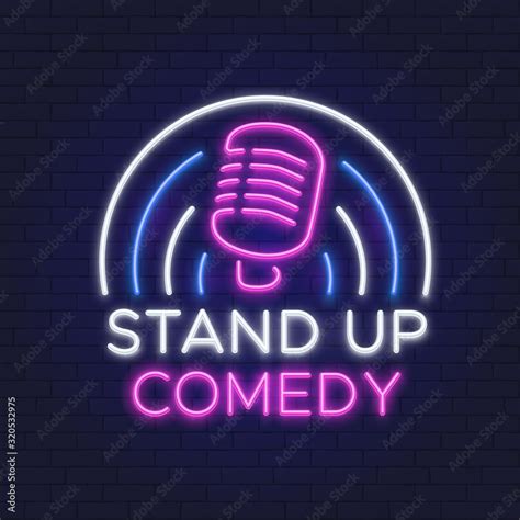 Comedy Show Neon Sign Retro Microphone Line Design Standup Icon On Brick Wall Vector