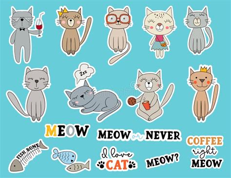 Hand Drawn Collection with Colorful Cat Doodle Stickers. Vector ...