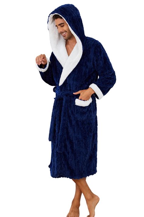 U2skiin Mens Robe With Hood Full Length Plush Robe For Men Contrast Thick Fleece Bathrobe Navy