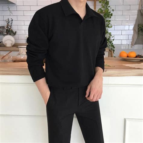 L No Polo Styled Long Sleeve Basic Black M Long Sleeve