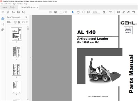 Gehl Al140 Articulated Loader Sn 13000 And Up Parts Manual 50940347b