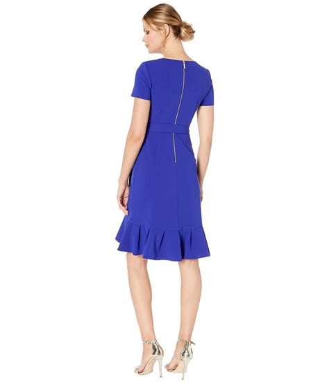 Calvin Klein Synthetic Short Sleeve Ruffle Hem Dress With Self Tie Belt