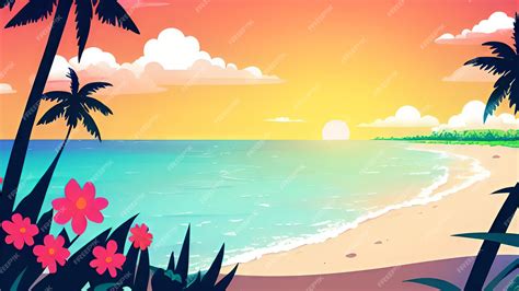 Premium Ai Image A Cartoon Beach Scene With A Sunset And A Palm Tree