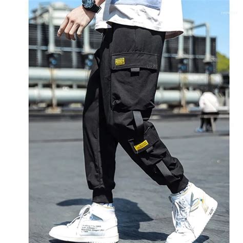 Spring Hip Hop Joggers Men Black Harem Pants Multi Pocket Ribbons Man