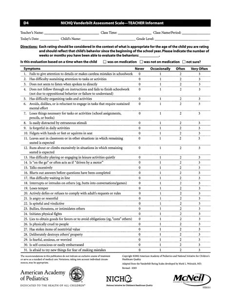 Fillable Online 04 NICHQ Vanderbilt Assessment Scale TEACHER Informant