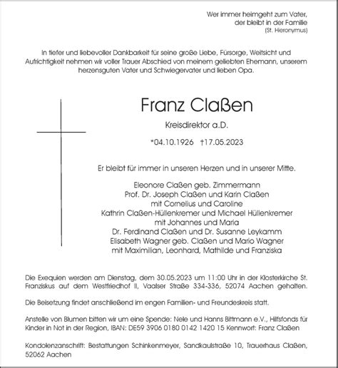 Traueranzeigen Von Franz Cla En Aachen Gedenkt